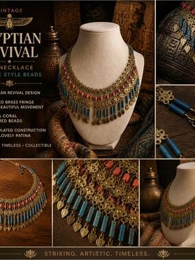 Vintage Egyptian Revival Bib Necklace Brass Fringe Blue and Coral Faience Style
